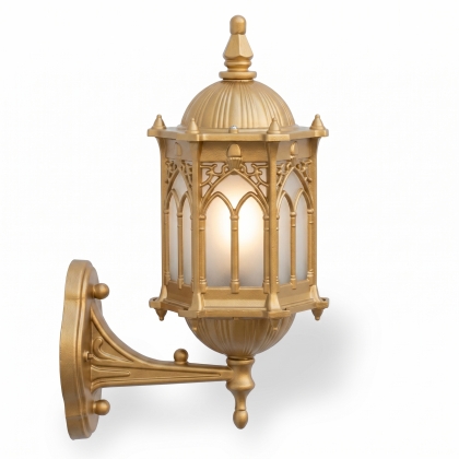 41x25  cm - E27 DUY Dik kollu yukarı yöne bakan dekoratif alüminyum döküm duvar tipi aplik Osmanlı motifli dış mekan aydınlatma duvar apliği gold