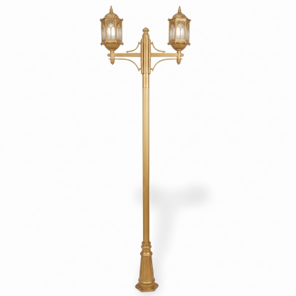 270x82 cm - E27 DUY Osmanlı motifli yukarı yöne bakan iki (2) fenerli alüminyum döküm dekoratif bahçe aydınlatma direği gold