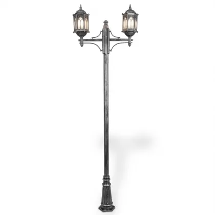 270x82 cm - E27 DUY Osmanlı motifli yukarı yöne bakan iki (2) fenerli alüminyum döküm dekoratif bahçe aydınlatma direği gümüş