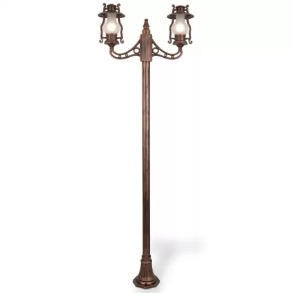 280x90 cm - E27 DUY Şamdan motifli yukarı yöne bakan iki (2) fenerli alüminyum döküm Fransız tip dekoratif bahçe aydınlatma direği sbakır
