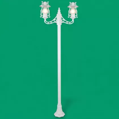 280x90 cm - E27 DUY Şamdan motifli yukarı yöne bakan iki (2) fenerli alüminyum döküm Fransız tip dekoratif bahçe aydınlatma direği sbeyaz