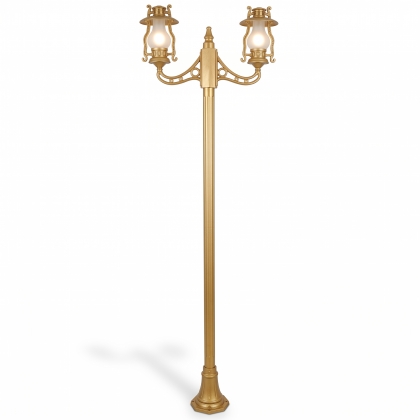 280x90 cm - E27 DUY Şamdan motifli yukarı yöne bakan iki (2) fenerli alüminyum döküm Fransız tip dekoratif bahçe aydınlatma direği sgold