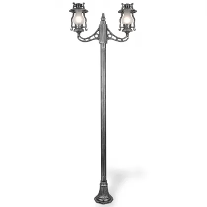 280x90 cm - E27 DUY Şamdan motifli yukarı yöne bakan iki (2) fenerli alüminyum döküm Fransız tip dekoratif bahçe aydınlatma direği sgümüş