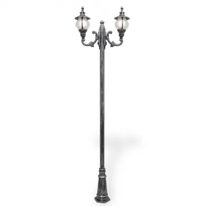 265x72 cm - E27 DUY Fötr şapkalı yaprak motifli yukarı yöne bakan tek (1) cam küre fenerli alüminyum döküm Fransız bahçe aydınlatma direği silver