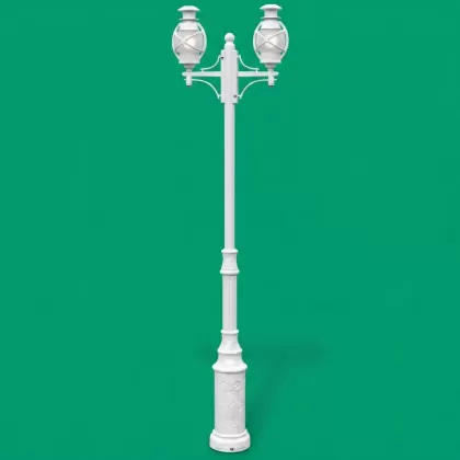 280x90 cm  - E27 DUY Atomik cam küre motifli yukarı yöne bakan iki (2) fenerli alüminyum döküm dekoratif modern bahçe aydınlatma direği beyaz