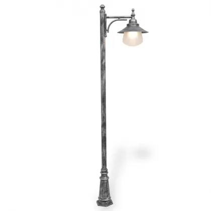 300x58 cm - E27 DUY Şapkalı küre motifli aşağı yöne bakan tek (1) fenerli alüminyum döküm dekoratif klasik bahçe aydınlatma direği gümüş