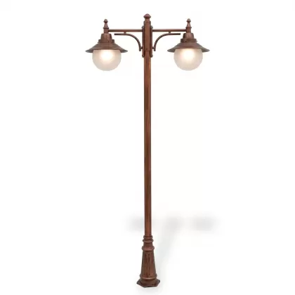 300x110 cm - E27 DUY  Şapkalı cam küre motifli aşağı yöne bakan iki (2) fenerli alüminyum döküm dekoratif klasik bahçe aydınlatma direği bakır