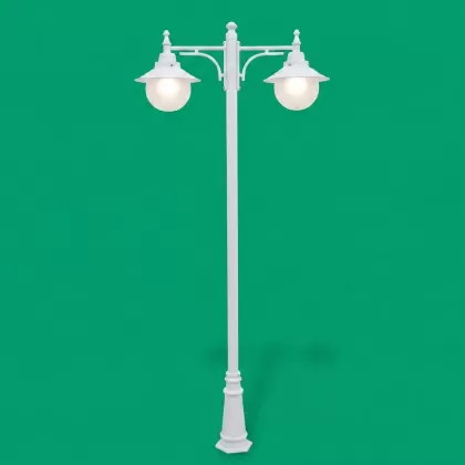 300x110 cm - E27 DUY  Şapkalı cam küre motifli aşağı yöne bakan iki (2) fenerli alüminyum döküm dekoratif klasik bahçe aydınlatma direği beyaz