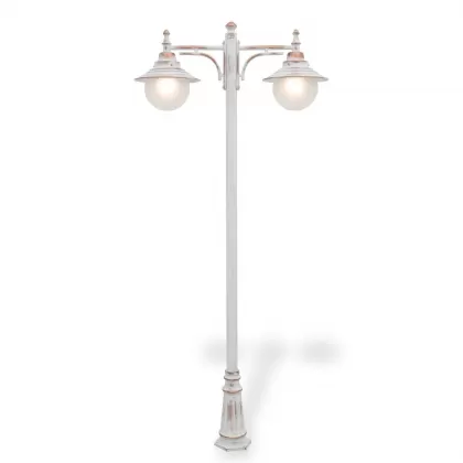 300x110 cm - E27 DUY  Şapkalı cam küre motifli aşağı yöne bakan iki (2) fenerli alüminyum döküm dekoratif klasik bahçe aydınlatma direği patinalı