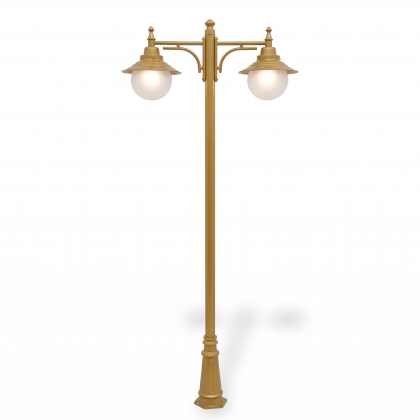 300x110 cm - E27 DUY  Şapkalı cam küre motifli aşağı yöne bakan iki (2) fenerli alüminyum döküm dekoratif klasik bahçe aydınlatma direği gold