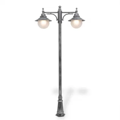 300x110 cm - E27 DUY  Şapkalı cam küre motifli aşağı yöne bakan iki (2) fenerli alüminyum döküm dekoratif klasik bahçe aydınlatma direği gümüş