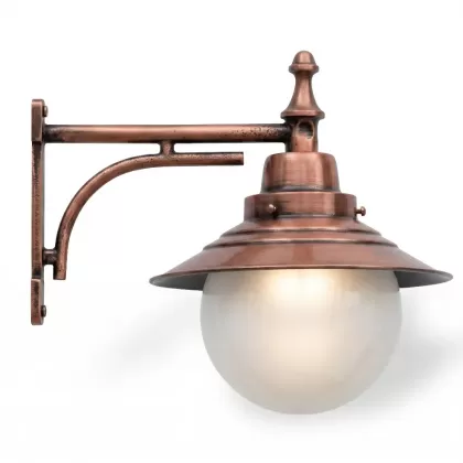 51x55 cm - E27 DUY Dik kollu aşağı yöne bakan dekoratif alüminyum döküm duvar tipi aplik şapkalı cam küre dış mekan aydınlatma duvar apliği bakır