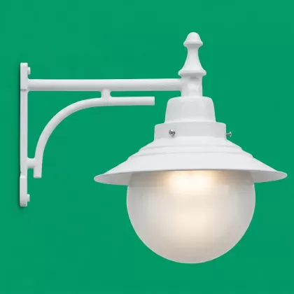 51x55 cm - E27 DUY Dik kollu aşağı yöne bakan dekoratif alüminyum döküm duvar tipi aplik şapkalı cam küre dış mekan aydınlatma duvar apliği beyaz