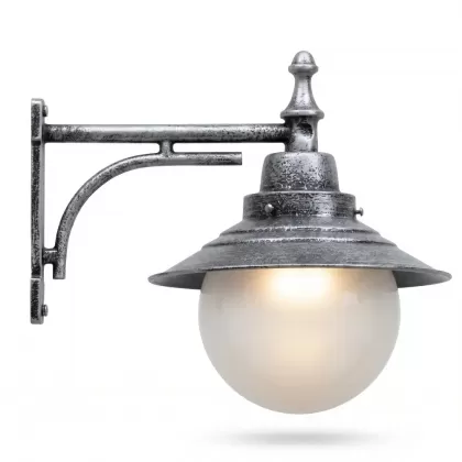 51x55 cm - E27 DUY Dik kollu aşağı yöne bakan dekoratif alüminyum döküm duvar tipi aplik şapkalı cam küre dış mekan aydınlatma duvar apliği gümüş
