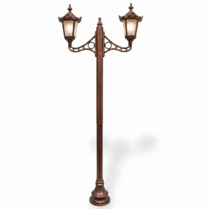 320x132 cm - E27 DUY Çar şapkası motifli yuakarı yöne bakan iki (2) fenerli alüminyum döküm nostaljik dekoratif bahçe aydınlatma direği bakır