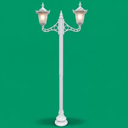 320x132 cm - E27 DUY Çar şapkası motifli yuakarı yöne bakan iki (2) fenerli alüminyum döküm nostaljik dekoratif bahçe aydınlatma direği beyaz
