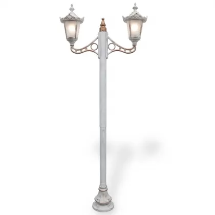 320x132 cm - E27 DUY Çar şapkası motifli yuakarı yöne bakan iki (2) fenerli alüminyum döküm nostaljik dekoratif bahçe aydınlatma direği patinalı