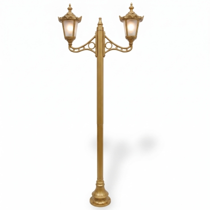 320x132 cm - E27 DUY Çar şapkası motifli yuakarı yöne bakan iki (2) fenerli alüminyum döküm nostaljik dekoratif bahçe aydınlatma direği gold
