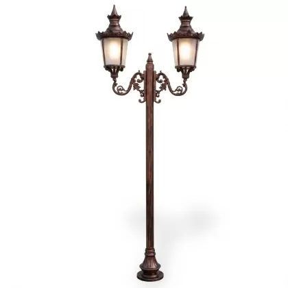 360x140 cm - E27 DUY Gold sarı ferforje motifli yukarı yöne bakan iki (2) fenerli alüminyum döküm Rus tarzı dekoratif bahçe aydınlatma direği bakır