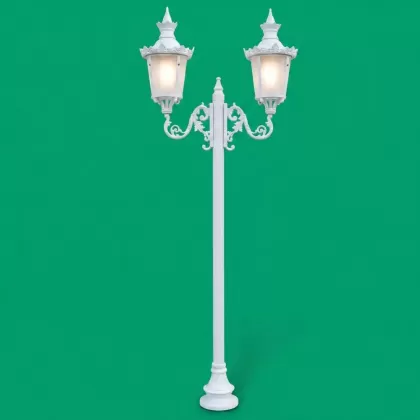 360x140 cm - E27 DUY Gold sarı ferforje motifli yukarı yöne bakan iki (2) fenerli alüminyum döküm Rus tarzı dekoratif bahçe aydınlatma direği beyaz