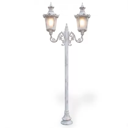 360x140 cm - E27 DUY Gold sarı ferforje motifli yukarı yöne bakan iki (2) fenerli alüminyum döküm Rus tarzı dekoratif bahçe aydınlatma direği patinalı
