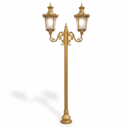 360x140 cm - E27 DUY Gold sarı ferforje motifli yukarı yöne bakan iki (2) fenerli alüminyum döküm Rus tarzı dekoratif bahçe aydınlatma direği gold