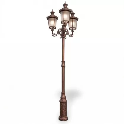400x140 cm - E27 DUY Altın ferforje motifli yukarı yöne bakan üç (3) fenerli alüminyum döküm rus tipi dekoratif bahçe aydınlatma direği gümüş