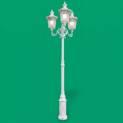 400x140 cm - E27 DUY Altın ferforje motifli yukarı yöne bakan üç (3) fenerli alüminyum döküm rus tipi dekoratif bahçe aydınlatma direği beyaz