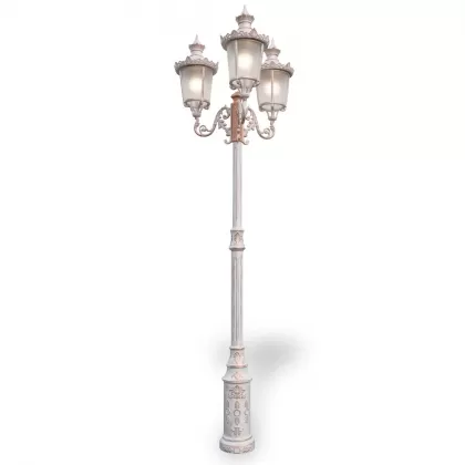 400x140 cm - E27 DUY Altın ferforje motifli yukarı yöne bakan üç (3) fenerli alüminyum döküm rus tipi dekoratif bahçe aydınlatma direği patinalı