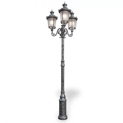 400x140 cm - E27 DUY Altın ferforje motifli yukarı yöne bakan üç (3) fenerli alüminyum döküm rus tipi dekoratif bahçe aydınlatma direği gümüş