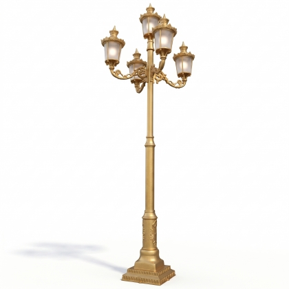 600xx180 cm - E27 DUY Gotik motifli yukarı yöne bakan beş (5) fenerli rus tipi büyük alüminyum döküm dekoratif bahçe aydınlatma direği gold