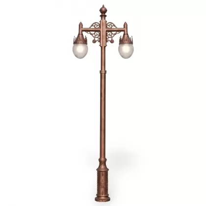 450x110 cm - E27 DUY Ferforje balkan motifli aşağı yöne bakan iki (2) cam küre fenerli alüminyum döküm dekoratif bahçe aydınlatma direği bakır