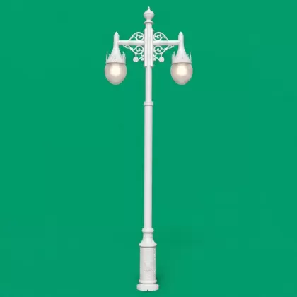 450x110 cm - E27 DUY Ferforje balkan motifli aşağı yöne bakan iki (2) cam küre fenerli alüminyum döküm dekoratif bahçe aydınlatma direği beyaz