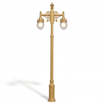 450x110 cm - E27 DUY Ferforje balkan motifli aşağı yöne bakan iki (2) cam küre fenerli alüminyum döküm dekoratif bahçe aydınlatma direği gold