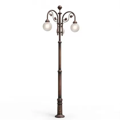 450x120 cm - E27 DUY Papatya ferforje motifli aşağı yöne bakan iki (2) cam küre fenerli alüminyum döküm dekoratif bahçe aydınlatma direği bakır