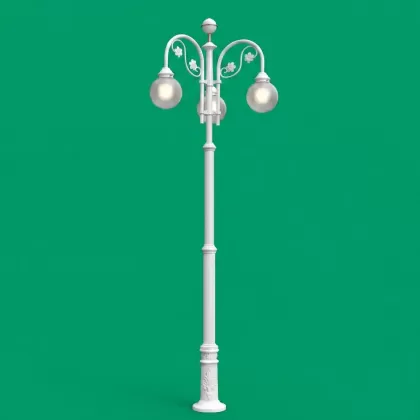 450x120 cm - E27 DUY Papatya ferforje motifli aşağı yöne bakan iki (2) cam küre fenerli alüminyum döküm dekoratif bahçe aydınlatma direği beyaz