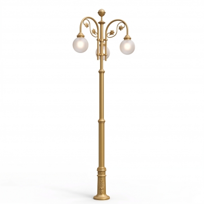 450x120 cm - E27 DUY Papatya ferforje motifli aşağı yöne bakan iki (2) cam küre fenerli alüminyum döküm dekoratif bahçe aydınlatma direği gold