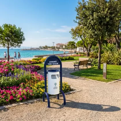 Belediye tipi beyaz ayaklı çöp kovası park