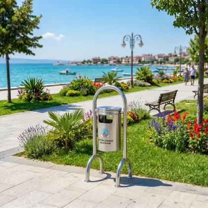 Krom 4 ayaklı  park bahçe tipi dış mekan çöp kovası 2