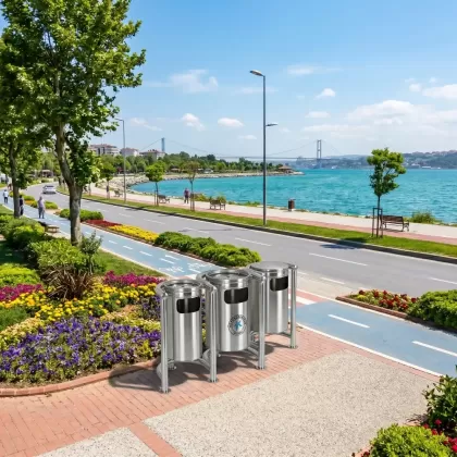 Krom 4 ayaklı  park bahçe tipi dış mekan çöp kovası 3