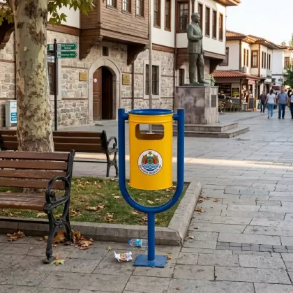 Sarı lacivert tek ayaklı park bahçe tipi dış mekan çöp kovası sokakta