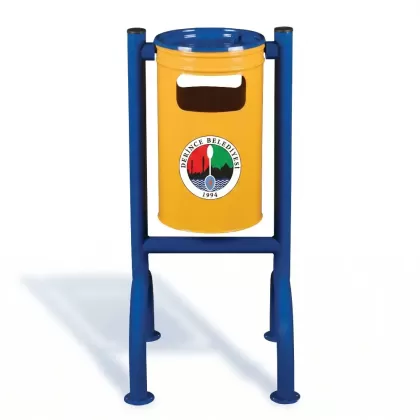 Sarı lacivert 4 ayaklı park bahçe tipi dış mekan çöp kovası