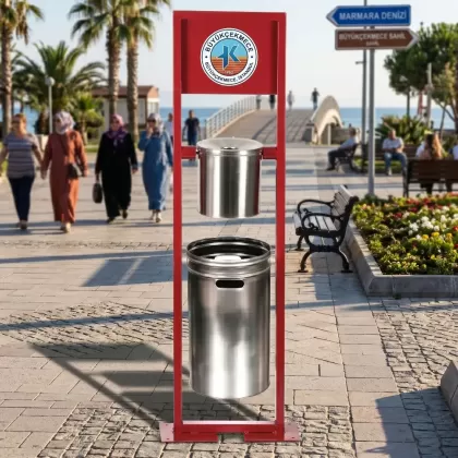 Reklam panolu krom silindir çöp kovası uygulama