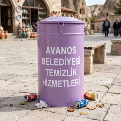 Mor metal silindir logolu çöp kovası parkta