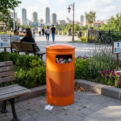 Turuncu metal çöp kovası dış mekan