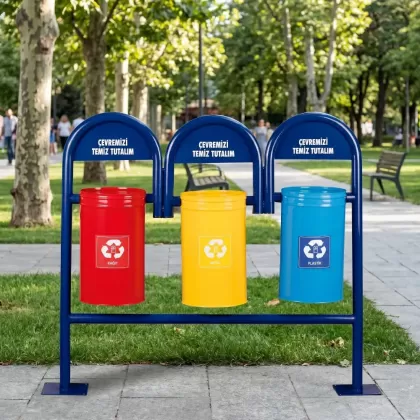 3 lü sabit geri dönüşüm çöp kovası park tipi