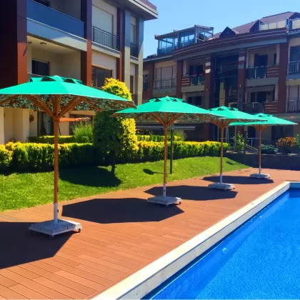 2026 odel 300 cm Çapında Lüks Çiçek Baskılı Ahşap Havuz Şemsiyesi