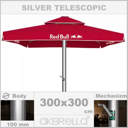 3x3 m Kare Teleskopik Sistem 100mm Alüminyum  Silver Gövde Şeker Kırmızısı Akrilik Kumaşlı Cafe ve Bahçe Şemsiyesi üretimi
