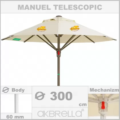 300 Çap 60mm yuvarlak manuel teleskopik alüminyum gövdeli büyük bahçe şemsiyesi logolu