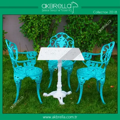 3 kiilik d mekan bahe, balkon iin alminyum dkm ferforje kollu gl motifli kate tek ayak masa sandalye takm